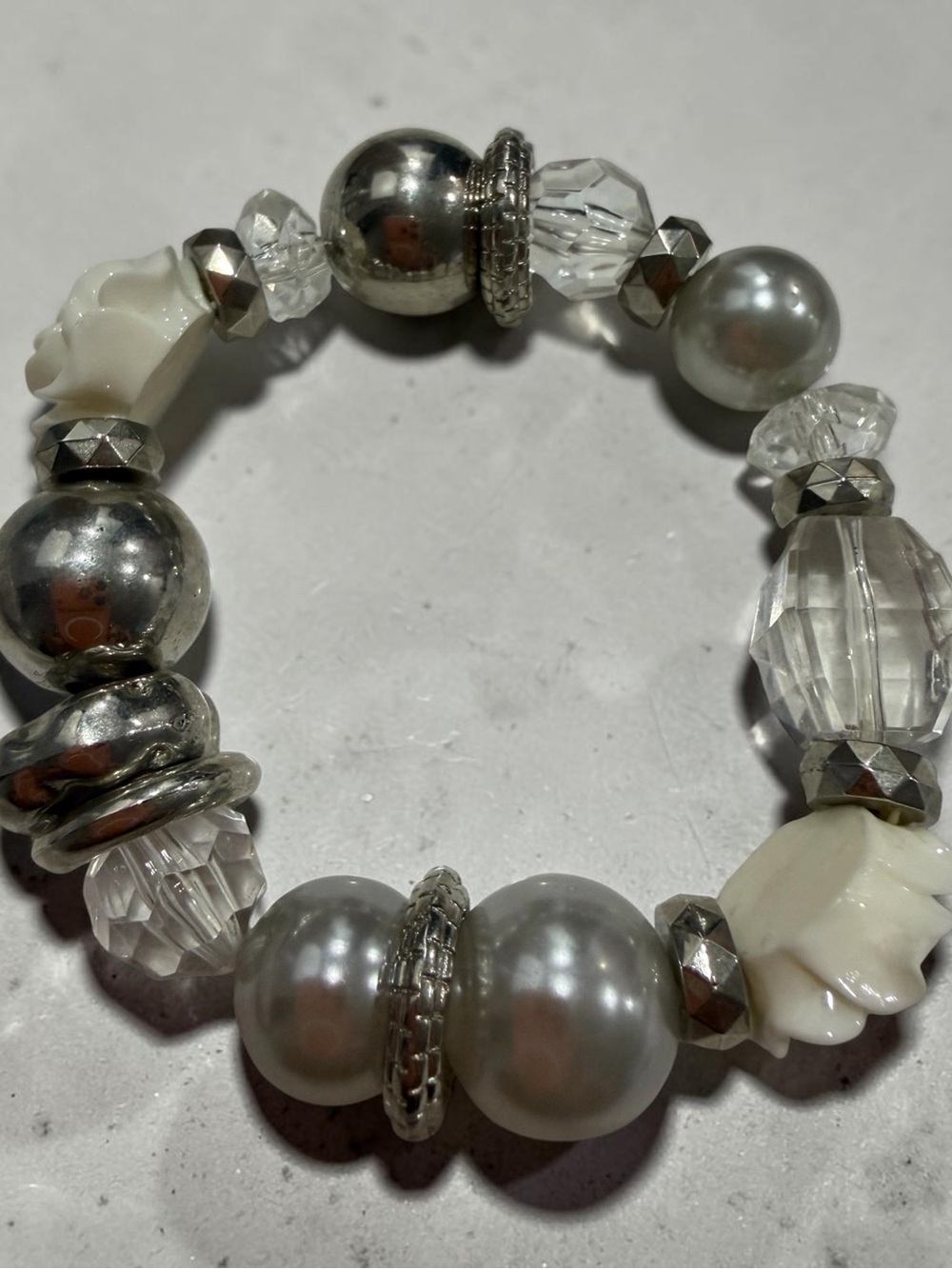 Elegant Silver & White Bead Stretch Bracelet